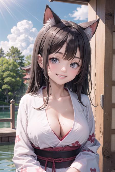 (masterpiece),  1girl,  solo,  smile,  breasts,  looking at viewer,  long hair,  black hair,  animal ears,  outdoors,  japanese clothes,  bangs,  large breasts,  blush,  teeth,  sash,  animal ear fluff,  cleavage,  lake,  cat ears,  collarbone,  kimono,  upper body,  extra ears,  floral print,  grin,  tree,  black eyes,  sky,  long sleeves,  water,  no bra,  sunlight,  white kimono,  day