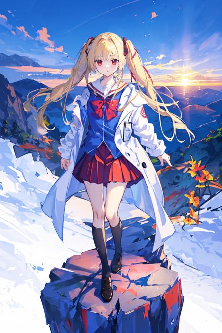 1girl, landscape, panorama, overlook,(high contrast:0.8),(distant view),blurry foreground,wind,
shinku \( Iro toridori no sekai\) , blonde hair, red eyes, twintails, long hair, hair ribbon, red pleated skirt, open lab coat, blue shirt, school uniform,  foot focus, head down
white background, stats, sunset, heliconia, mountain
masterpiece,highres,extremely detailed CG unity 8k wallpaper, best quality, ultra-detailed,
<lora:shinku_v3.0:1:CHARACTER>,  <lora:animeScreenshotLikeStyleMixLora_v10:1:BACKGROUND>