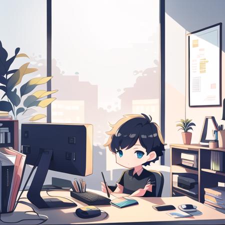 colorful,  illustration,2d illustration, abstract,3 boy working in office, tree,desk,computer,clear backgroud <lora:colorillu3:1>