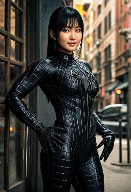score_9, score_8_up, score_7_up, best quality, realistic, masterpiece, beautiful detail, hyperrealistic, cafe, ((1girl, woman body, huge breasts)), amazing detailed full body portrait of a beautiful japanese girl, wearing a realistic and highly detailed black raimi spider-man suit, ((huge muscular girl)), professional model wears ultra - detailed and grained black raimi spider - man suit, suit covered entire body and hand, spiderman gloves, wet, (cute pose), close up, cute smile, black hair, octane render, highly detailed, volumetric, dramatic lighting, (highest quality:1.1), (HDR:1.3), (top quality, best quality), realistic, high definition, Expressionism - sharp focus, professional photography, masterpiece, ultra detailed photograph, high quality, 8k,