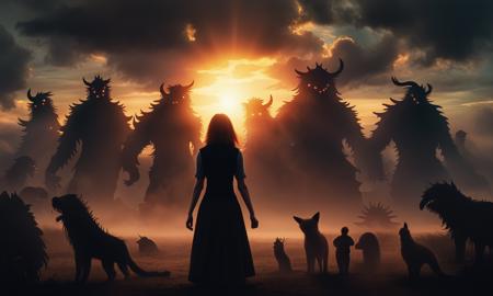 photo of a woman silhouette at sunset, surrounded by monsters, castlevania, fantasy, magic, energy, storm, black sun in sky