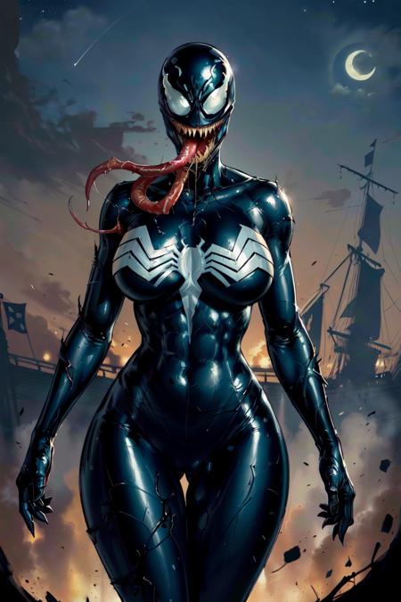 (masterpiece, best quality, ultra detailed, absurdres)1.5, 1girl, (sexy, beautiful woman, perfect face, perfect eyes, perfect female body, huge breasts)1.5,
(CARTOON_MARVEL_she_venom_ownwaifu, www.ownwaifu.com, 
symbiote,  breasts, teeth, sharp teeth, tongue, long tongue, tongue out, large breasts, curvy, narrow waist, tall female, thick thighs, muscular female, thigh gap, 
bodysuit, skin tight, superhero, monster girl, silk, latex, black bodysuit, covered navel, mask, no eyes, shiny, cameltoe, 
<lora:CARTOON_MARVEL_she_venom_ownwaifu-15:0.7> ,),
(standing, outdoors, pirate ship, night sky), perfect lighting, smooth, hdr