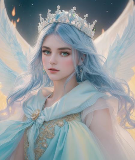 a photography, HD,, photo, woman, beautiful dress ornate, in the style of stefan kostic, realistic, half body shot, sharp focus, 8 k high definition, insanely detailed, intricate, elegant, art by stanley lau and artgerm, extreme blur flames background, Princess girl with wing, Blue, Pastel, glitter, dramatic, dreamy, pastel, Watercolor, Whimsical, Delicate, seashell crown, Trending on Artstation, Highly detailed, Intricate, Portrait, digital painting, Fantasy theme, Fantasy robes, Fantasy concept art, Fantasy character art, Smug, Teenage girl, perfect body, full body, dreamy, pastel, Watercolor, Whimsical, Delicate, seashell crown masterpiece, 8k, perfect lighting, , adult, female, cowboy shot, looking at viewer, cinematic lighting, Fawn <lyco:locon_flmngprsn_v1_from_v1_64_32:1.0>