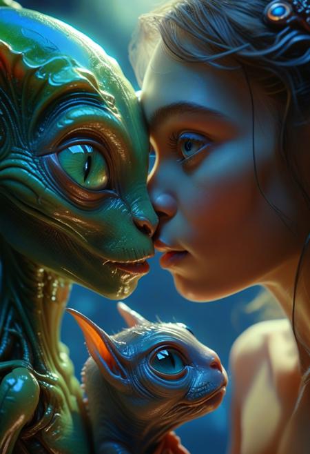 (a close-up shot of a cute loving young human woman kissing the forehead of her (tiny adorable pet alien)), (heartwarming, uplifting, charming), (UHD, masterpiece, detailed eyes, detailed face, highest quality), (light leaks, subsurface scattering, rim light, beautiful lighting and shading, deep background, vibrant complementary colors, sharp focus)