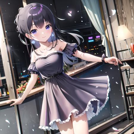 high quality, best quality, masterpiece, absurdres, nagase mana, casual, 1girl, beautiful anime eyes, blue_eyes, <lora:mana:0.75>, solo, purple_dress, ballroom, night