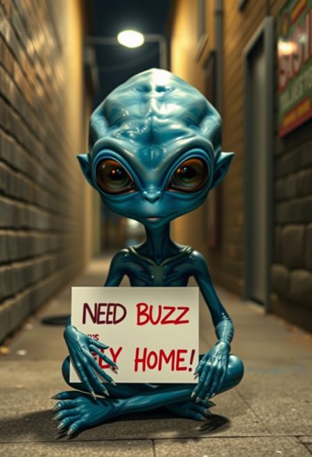 Alien with huge eyes, blue skin, iridescent, wearing bodysuit, sitting in alley holding sign (((("NEED BUZZ TO FLY HOME!")))), 
realistic, street in background, night