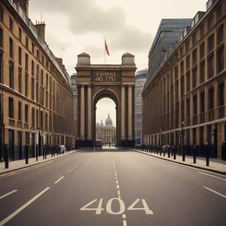 cinematic film still <lora:404-CIvitAI-lora:1> 404, text 404, logo 404, Civitai404, ffusion404, a street with a large arch in the middle, london streets in background, inspired by Thomas Struth, photorealistic streetscape, empty metropolitan street, london architecture, buildings photorealism, empty streetscapes, british street background, london, vanishing point perspective, street perspective, inspired by Canaletto, archway, 80s london city, dirk dzimirsky,propaganda poster,soviet poster,sovietwave . shallow depth of field, vignette, highly detailed, high budget, bokeh, cinemascope, moody, epic, gorgeous, film grain, grainy