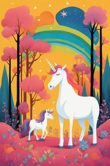 <lora:CH>,tj,there is a unicorn and a baby in a field with trees,nursery poster,illustrated in whimsical style,children's book cover,childrenbook illustration,unicorn,epic full color illustration,lisa frank and sho murase,story book design,gorgeous nebula is born,happy brave magical cuteness,fabulous illustrations,mythical whimsical creatures,childrens illustration,intricate rainbow environment,storybook layout,dribbble illustration,colorfull illustration,featured on illustrationx,