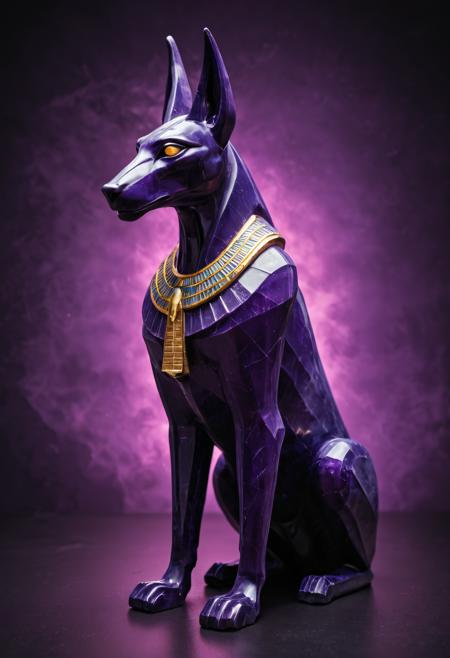 an amethyst facetted statuette of the Egyptian god Anubis, photorealistic, majestic, awesome, inspiring, closeup, smooth, atmospheric haze, cinamatic composition, soft shadows, national geographic style, neon glow, extremely detailed, abstract Egyptian heiroglyph covered wall background, golden ratio, cs-cr1stal-v2