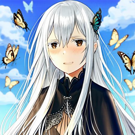 echidna, 1girl, looking at camera, long white hair, sky in background, surrounded by butterflies <lora:echidna:1>