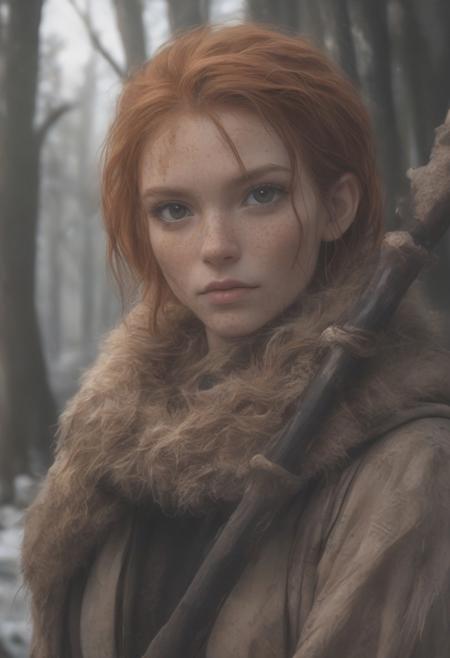 A professional portrait photo of a beautiful gentle strong  neanderthal woman in the forest in winter holding a spear, freckles and mud on face, black stripe painted side to side across her eyes, ginger hair and fur, extremely high fidelity, natural lighting, neanderthal woman