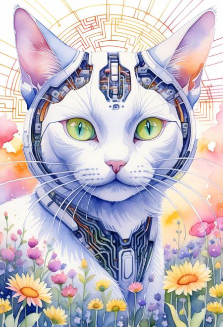 A watercolor painting of a Ethereal cat in a colorful floral field, with cybernetic patterns faintly overlaying the background.
Soft glows on the circuit lines, creating a sense of energy.
