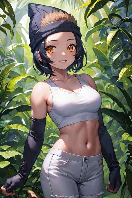 WesternLowlandGorillaManityro, short hair muscular female toned beanie, tank top, white shirt, crop top, detached sleeves, black gloves, fingerless gloves, white pants