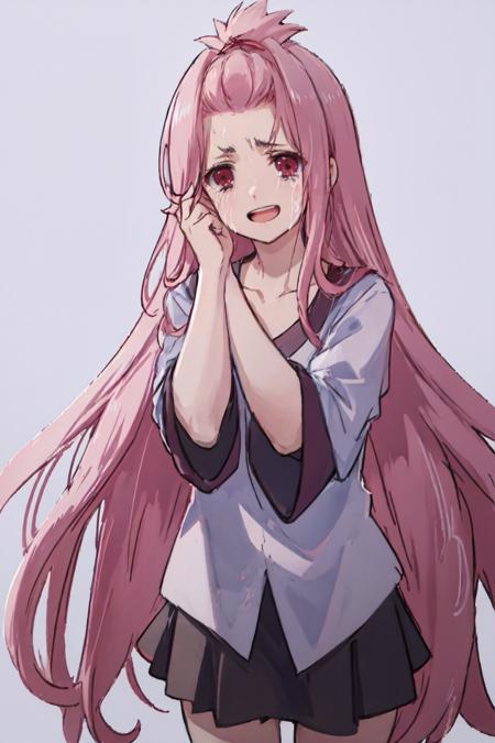 masterpiece,best quality,1girl, solo, long hair, looking at viewer,<lora:Coron-000035:0.6>, smile, open mouth, skirt, shirt, very long hair, white shirt, pink hair, short sleeves, :d,tears, pink eyes, crying, crying with eyes open, simple background