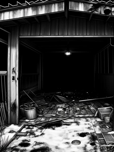 forest edge, ripped to shreds ,garage, blood,  horrors, (TinyBunnyStyle:0.9) , monochrome, art   <lora:Tiny_Bunny:1>