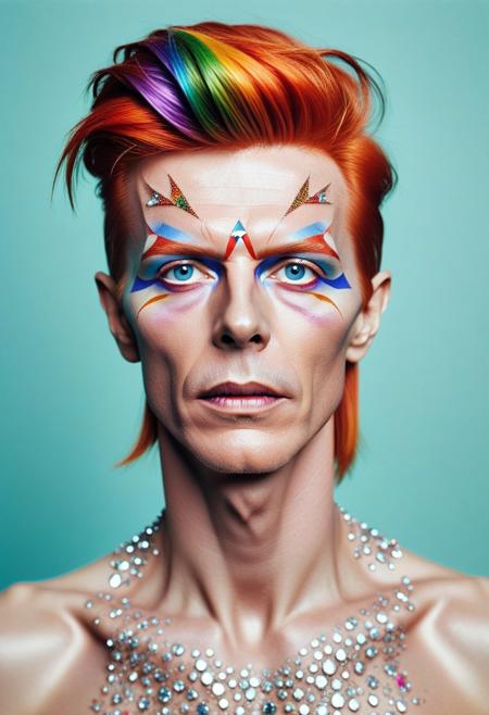 diamondMW, analog style, modelshoot style, portrait of sks thin man (bowie:1), David Bowie, style by Flora Borsi, bold, bright colours, rainbow lightning makeup, diamonds in hair, ((Flora Borsi))  <lora:bowie:1>