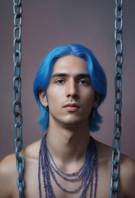 Realistic soft oil painting, a very handsome man with a delicate face, 18 years old with bright blue long hair dyed in a rich color.  Looking up and away, the man wears several pieces of jewelry, including earrings and necklaces. Two necklaces are visible on the neck: one with large beads and pendants in the form of various figures, and the other is a metal chain. The background of the image is a theater studio, and the person's clothes consist of purple and blue elements
