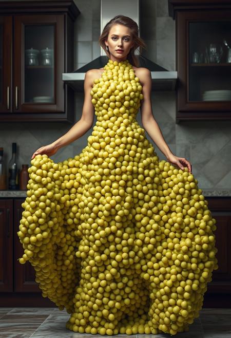 best quality, 4K,, 8k UHD, ultra-high resolution, ultra-high definition, highres, realistic, photorealistic, hyper realistic, highly intricate and detailed, absurd resolution BREAK, absurd res, 4K, kitchen background, professional photograph of a beautiful woman in a flowing long dress made entirely of peas. Capture the texture and detail of peas.