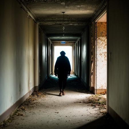 RAW photo, screaming creature at the end of hallway, 8k uhd, dslr, soft lighting, high quality, film grain, Fujifilm XT3, Masterpiece, photorealistic, abandoned hospital, looking down hall way,