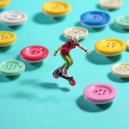 masterpiece, (realistic:1), (photorealistic:1), intricate detail, highly detailed, great textures, 8k, high detail, miniature, landscape,overview,
<lora:minihuman_SDXL_v2_loha-000016:0.75>,A miniature figure on rollerblades is gliding along a path of scattered buttons, rollerblades, buttons, colorful, pastel background, scattered, sewing theme, simple background, varied sizes, playful, solo, agility, texture, crafts, depth of field, gliding