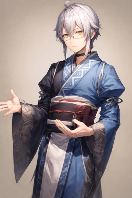 long_sleeves, rinnosuke_morichika, two-tone_kimono, male_focus, blue_kimono, glasses, japanese_clothes, layered_sleeves, black_tabard, grey_hair, 1man, yellow_eyes