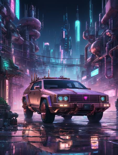 front 3/4 view long shot futuristic Rose_Gold (cyberpunk with pipes and wire details:1.1) parked in the street.  cyberpunk city in the background.  Midnight, dimly lit, backlit, Backlit, soft lighting, (water color:0.8), anime artwork, anime style, key visual, vibrant, (extremely detailed:1.1), expressive