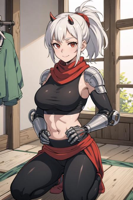 nsfw, upper body, 1girl, (complex ultra detailed of a oni woman, oni horns, bionic muscles, (spandex turtleneck sports bra cybernetic armor, flowing red scarf:1.5)), (solo) (1girl), (beautifully drawn face:1.2), intricate details, glowing red eyes [boku no hero academia], stern smile, (white hair very short hair ponytail:1.3), dynamic pose, BREAK
(kneeling in japanese changing room, sun beams, godrays, shining sun:1.3) BREAK
illustration, ((masterpiece:1.2, best quality)), 4k, ultra detailed, octane render, directional lighting, realistic shadows, volumetric lighting, highly detailed, high quality, solo, (style-keta:0.78), (qrx:0.51),gbf