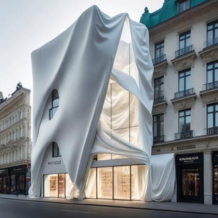 a photo of a modern shop building with a white facade made of silk cloth folds in the style midjor <lora:Midjor_Style_V1:1>