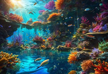 Ultra realistic, fantastical, underwater realm, digital painting; irridescent waters, magical creatures, representing love and joy, protect the oceans, filled with light, the sun and the moon seeking tefuge, colorful, vivid colors, sharp lines, smooth shading, (sharp:1.2), (detailed:1.2), (HD:1.2), (HDR:1.2), (8K:1.2), (best quality:1.2), (best resolution:1.2), maximalist, (masterpiece:1.2),
