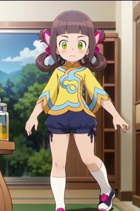 lilia, brown hair, green eyes, hair ornament, flower, hair flower, shoes, shorts, blue shorts, socks, white socks, blunt bangs, hair rings, twintails, shirt, yellow shirt