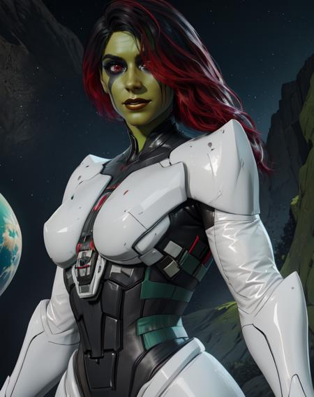 Gamora,green skin,multicolored hair,red eyes,hair over one eye,serious,
black and white bodysuit,armor,white white gloves,
standing,upper body,hips,(smile:0.8),
alien planet,(insanely detailed, beautiful detailed face,beautiful detailed eyes, masterpiece, best quality),
<lora:Gamora-10v6:0.7>,