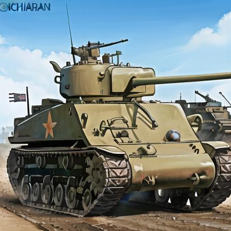 The Sherman M4 tank, a powerful fighting vehicle, stands on the battlefield, ready for battle. Its massive metal construction and armor give it an imposing appearance. Its cannon contains firepower capable of inflicting serious damage to the enemy. A sense of strength and maneuverability is conveyed through the tracks and wheels. The Sherman M4 tank is a symbol of war and determination, ready to fight for victory on the battlefield.  <lora:Sherman:0.8>