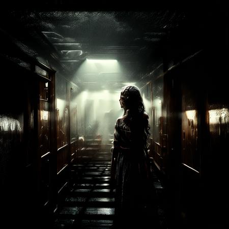 close-up of  woman  in a dark hallway with a light shining through the ceiling  <lora:oldMJstyle_v1_SDXL:1> by oldmjstyle