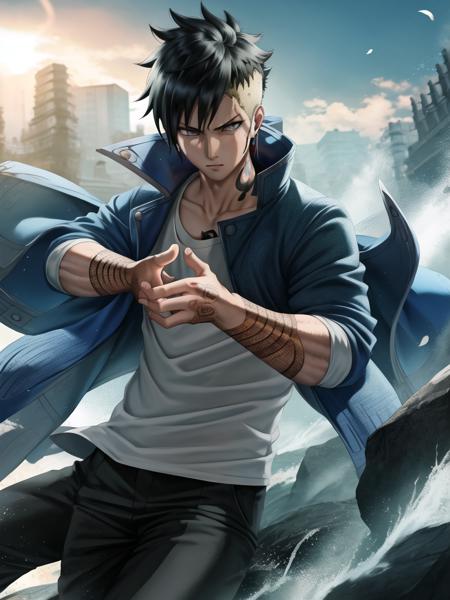 <lora:kawakiuzumaki:0.8>, 1boy, (Kawaki_Uzumaki,  a man with a navy blue and white jacket, kawakiblue_jacket, green shirt, karma_tattoo_marking on left cheek, piercing on right eyebrow, grey eyes, black_kawaki_hair and yellow_side_hair, karma_tattoo marking on his arm:1),  east asian architecture background,   (shiny skin),  beautiful detailed symmetrycal face, detailed hair, detailed fingers and hands, detailed body, detailed and intricate, hypermaximalist, hyper realistic, super detailed, looking at the viewer, dynamic pose, body focus, cowboy shot (((masterpiece))), (((best quality))), illustration, artstation, rim light, Alembert Oclusion, SSAO, Bokeh, Cinematic, Golden Hour, Depth of Field, DOF, Vignette, Anti-Aliasing <lora:sakimichanStyle_v15:0.8>, art by sakimichan, (sakimi-style:0.6), (nixeu_soft:0.2)