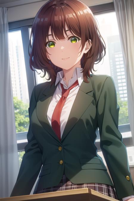 aoihinami, <lora:aoi hinami s1-lora-nochekaiser:1>,
aoi hinami, short hair, bangs, brown hair, (green eyes:1.5), smile,
BREAK skirt, shirt, long sleeves, school uniform, jacket, white shirt, pleated skirt, necktie, collared shirt, plaid, plaid skirt, blazer, red necktie,
BREAK indoors, classroom,
BREAK looking at viewer,
BREAK <lyco:GoodHands-beta2:1>, (masterpiece:1.2), best quality, high resolution, unity 8k wallpaper, (illustration:0.8), (beautiful detailed eyes:1.6), extremely detailed face, perfect lighting, extremely detailed CG, (perfect hands, perfect anatomy),