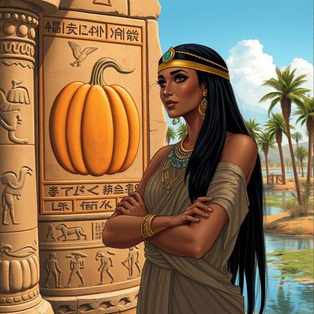Image is a highly detailed illustration, in the style of Louis Royo featuring an ancient Egyptian woman in a historical setting. The foreground features the woman with medium skin tone, wearing a traditional Egyptian dress with pleated fabric and adorned with gold and turquoise jewellery, including a headdress and large earrings. Her long black hair is styled straight, and she stands with her arms crossed. In the background carved into a stone wall the image of a large pumpkin, surrounded by hieroglyphics. The pumpkin and hieroglyphics are detailed, with symbols of birds and other traditional motifs. The setting includes a stone column with intricate carvings of pumpkins and a serene landscape with palm trees and a river under a clear blue sky, suggesting a scene by the Nile River.
