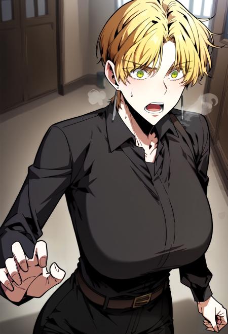 blonde hair, green eyes, short hair, parted bangs earrings, sleeveless shirt, black shirt, turtleneck, blue pants earrings, collared shirt, black shirt, long sleeves, black pants, belt