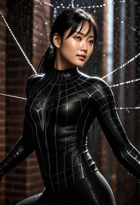 score_9, score_8_up, score_7_up, best quality, realistic, masterpiece, beautiful detail, hyperrealistic, night, ((1girl, woman body, large breast)), amazing detailed full body of a cute korean girl, wearing a realistic and highly detailed black raimi spider-man suit, ((defined muscular girl)), professional model wears ultra - detailed black raimi spider - man suit, ultra - detailed and grained black raimi spiderman suit, suit covered entire body and hand, black spiderman gloves, wet, (light smile, swinging on a spider web, black hair), close up, octane render, highly detailed, volumetric, dramatic lighting, (highest quality:1.1), (HDR:1.3), (top quality, best quality), realistic, high definition, sharp contrast between light and shadow, athletic and fit physique, highly detailed and accurate portrayal, photorealistic rendering, tense and alert atmosphere cinematic scene, cinematic lighting, intricate detail skin and facial texture, lifelike expression, accurate character design, interesting and complex background details,