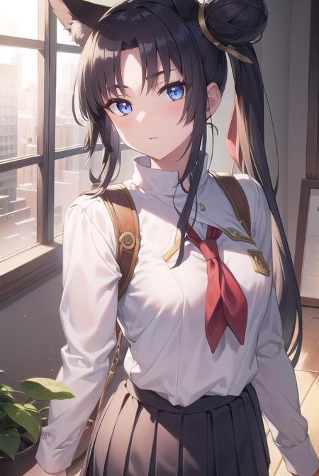 ushiwakamaru, <lyco:ushiwakamaru-lyco-nochekaiser:1>, 
ushiwakamaru, black hair, blue eyes, long hair, side ponytail, sidelocks, parted bangs, (small breast:1.2), hair bun, single bun, side bun,
BREAK school uniform, serafuku, skirt, pleated skirt,
BREAK looking at viewer,
BREAK indoors, classroom,
BREAK <lyco:GoodHands-beta2:1>, (masterpiece:1.2), best quality, high resolution, unity 8k wallpaper, (illustration:0.8), (beautiful detailed eyes:1.6), extremely detailed face, perfect lighting, extremely detailed CG, (perfect hands, perfect anatomy),