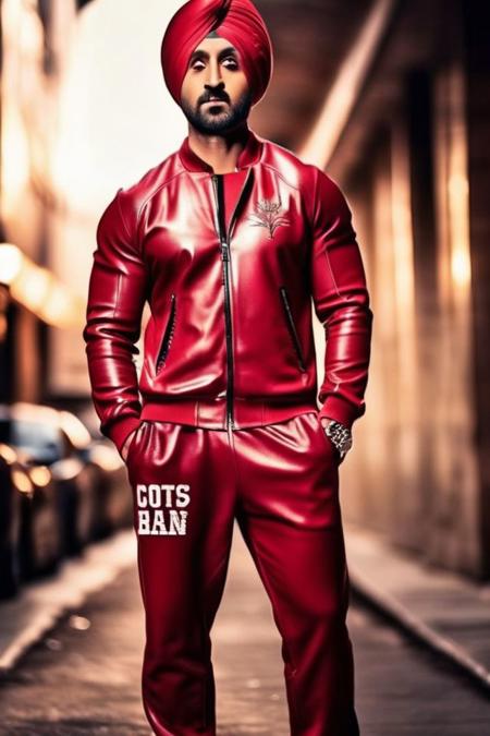 Ranbir Kapoor a man <lora:Diljit:0.9>, realistic photo in a worn ((skin-revealing skimpy erotic red tracksuit, massive hairy pecs)), big pecs, big arms, bulge, VPL, ((light bokeh)), intricate, (steel metal [rust]), elegant, erotic, exuding sexual energy, homoerotic, sharp focus, photo by greg rutkowski, soft lighting, vibrant colors, (masterpiece), ((streets)), (detailed face), looking at viewer, light smile, night, walking towards viewer, cinematic lighting, beautiful lighting, cinematic lighting, (hazy filter, film grain:1.2)