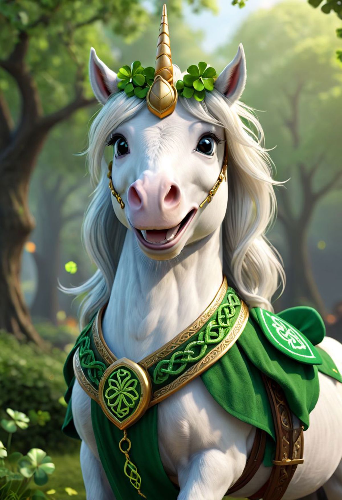 Pixar style unicorn pony, cute little one, dressed as a Celtic Druidic Diety, Saint Patrick's Day, shamrocks, smile, high ...