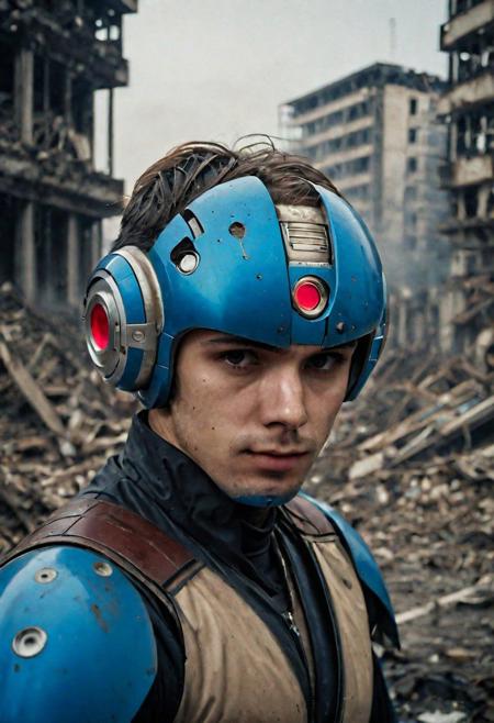 Portrait Photo of a megaman who is standing looking at how his city has been destroyed by a nuclear bomb. He has just arrived at the disaster and observes the horror of the destruction, ruined buildings full of smoke and flames, ground full of rubble with skeletons lying around In the dawn light floods the scene, the man is completely dressed in normal clothes and wet, he is dirty, everything is a disaster, the sky is cloudy and it is raining,(beautiful face:1.6), Fujifilm XT3,film still,film grain,cinematic,soldier accessories,war style, professional photo,best quality and best aesthetic,Award-winning artistic photos,Outdoors,public places,( detailed in background:1.6)Perfil,18-20 (dirty:1.8)