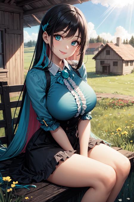 best quality, 1girl, meadow, [houses], sitting, large breasts, upper body, sun rays,teal frilled shirt, two tone, very long black hair, looking at viewer, blue brooch, frills, smile