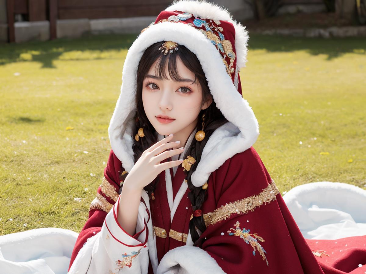 A young woman wearing a red and white costume with a furry hat and a gold necklace.