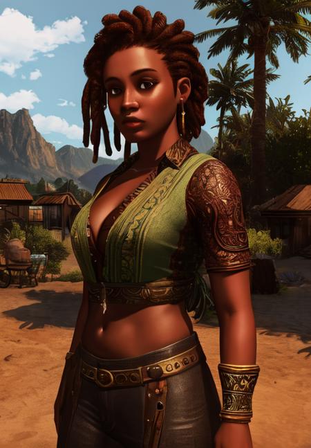 a woman, <lora:Redguard-Female:0.8>, Redguard-Female, 1girl, solo, portrait, dreadlocks,, (masterpiece, best quality, absurdres, detailed, ultra-detailed:1.3), gorgeous