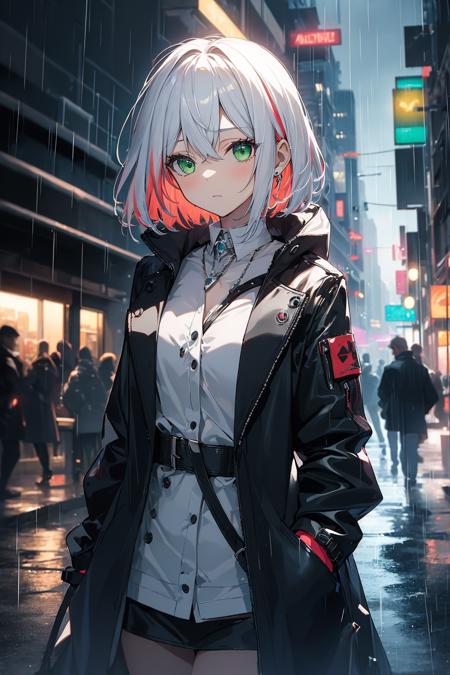 1girl, solo focus, tall female, short hair, multicolored hair, green eyes, jewel like eyes, medium breasts, black coat, white shirt, accessories, city background, futuristic city, night, rain, moody,