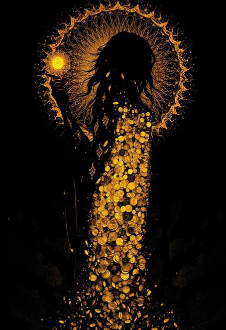 (Soft Lighting Photography by Mimoza Veliu and Mario Giacomelli:1.2), NSFW, Realistic crazy gold sorceress, gold elemental, cracked earth, crater, silhouet style, essence of gold, at Dawn, Bauhaus Art, (monochromatic art by Junji Ito, Carne Griffiths, High contrast, minimalistic), gold and white, dramatic, (silhouette weaved from splahes of gold, body of coins and gold), (clothed in gold, encased in gold),nudity, intricate details, (zentangle tattoo), scar, (((fractal art), (((abstract art))), (((psychedelic art))))), sexy