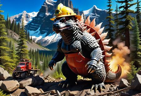 3d stereoscopic color movie action still, A dark and gritty remake of a 1940s b-movie , in the style of 1940s science fiction b-movie, campy kitchy. a documentary about a mini Godzilla working as a lumberjack in the rockies. (wearing a hard hat)