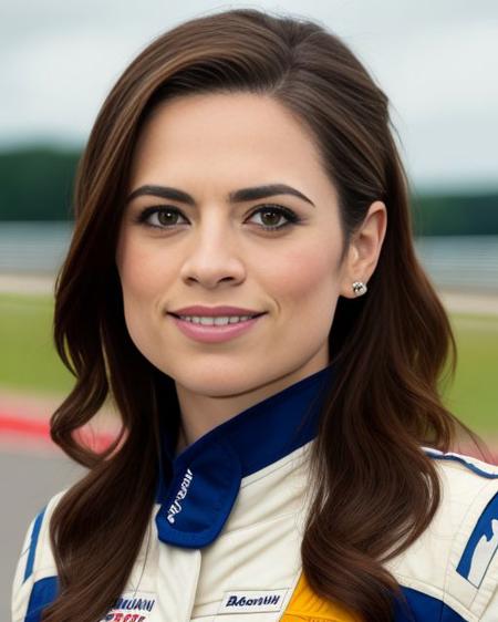 Picture, best quality, portrait photo of beautiful alluring woman Koh_HayleyAtwell, wearing formula one race suit, at a F1 racetrack, (bright weather), racetrack, looking at viewer, perfect face, perfect eyes, sharp focus