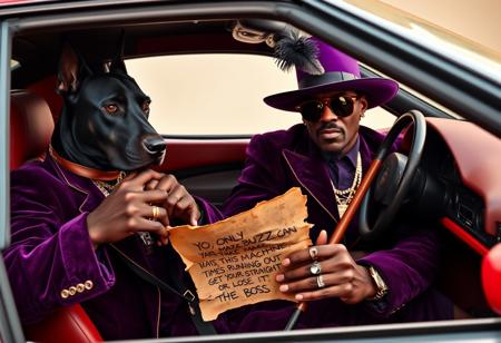 A fierce black Doberman with cropped ears, eyes sharp and intimidating, commands the driver’s seat of a flashy 80s red Ferrari, gripping the wheel with deadly focus. Beside him, Snoop Dogg, in full pimp glory, lounges with effortless swagger. He’s decked out in a rich purple velvet suit with gold trim, a wide-brimmed hat topped with a feather, massive gold chains, and rings that gleam under the light. His cane rests casually across his lap as he holds a crumpled, slightly torn letter. The letter's edges are singed, and in bold, chaotic handwriting with splatters of ink, it reads: 
"YO, ONLY BUZZ CAN MAKE THIS MACHINE FLY. 
TIME’S RUNNING OUT—GET YOUR HEAD STRAIGHT OR LOSE IT. 
-THE BOSS"
The note has a mysterious, almost cryptic quality, like a warning from the underworld. Inside the Ferrari, the interior screams luxury with slick black leather and aggressive red stitching. Outside, a neon-lit Miami backdrop with swaying palm trees and gritty streets contrasts the car's gleaming, polished exterior. The whole scene feels hyperrealistic, blending edgy high-end style, a dangerous vibe, and lifelike textures with an air of intrigue and power.